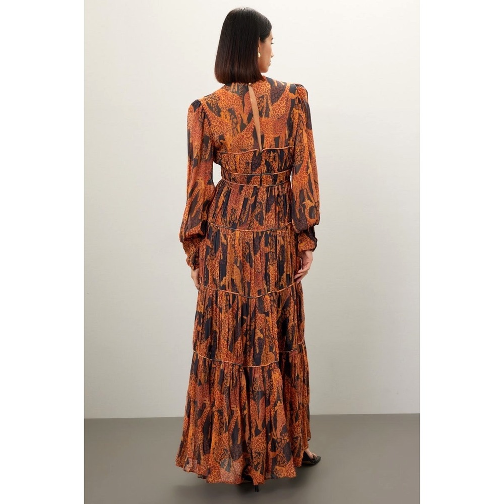 Farm Rio Giraffes Puff Sleeve Tiered Chiffon Maxi Dress XS Burnt Orange RP$315 - Picture 3 of 16